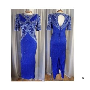 Vintage Long Blue Silk Gown Gold Beads Large Kazar